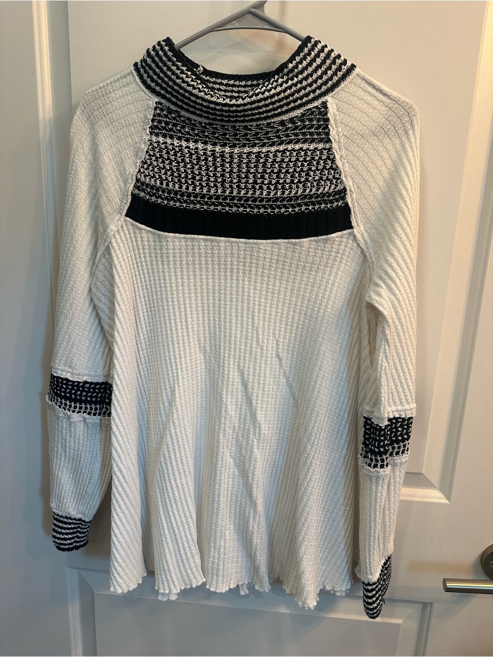 Free People Cream Sweater with Black Patterned Yoke and Cuffs